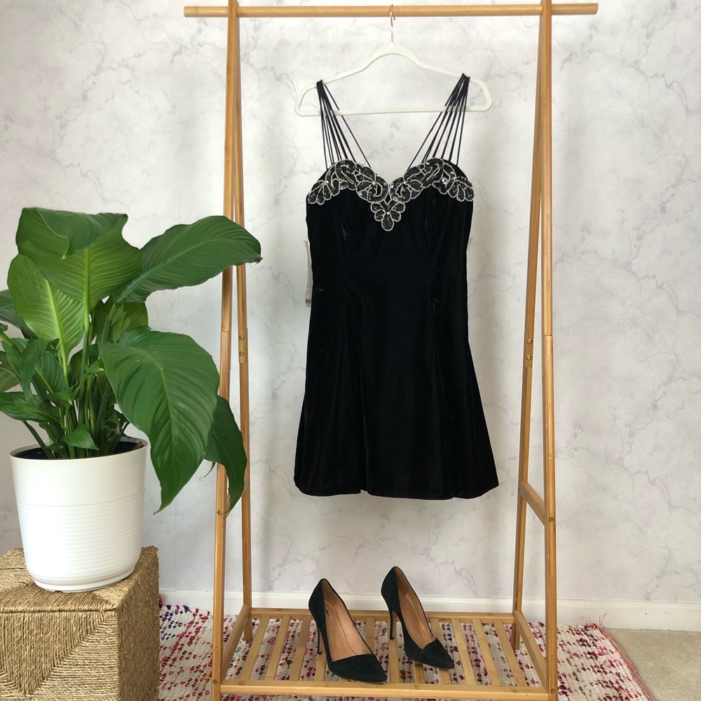 Vintage 90s Velvet Floral Sequin Mini Prom Dress